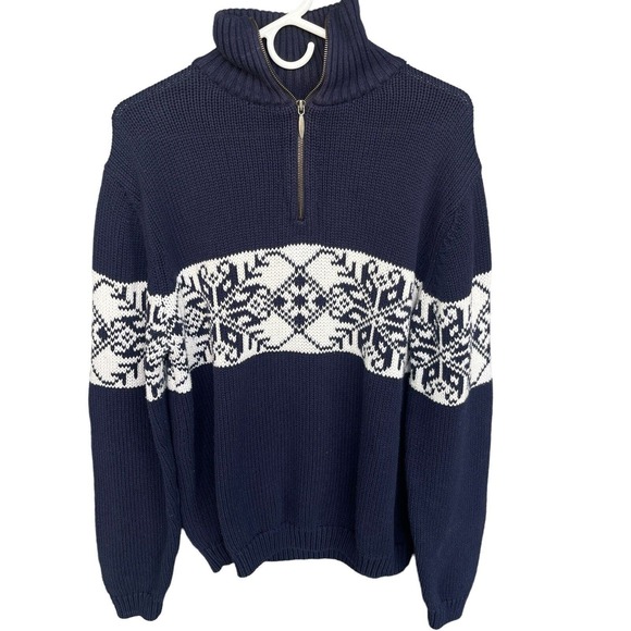 Covington Sweater Mens Medium Blue White Fair Isle Quarter Zip Pullover Winter - Picture 1 of 9